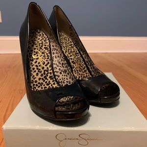 Jessica Simpson black patent open toe heels